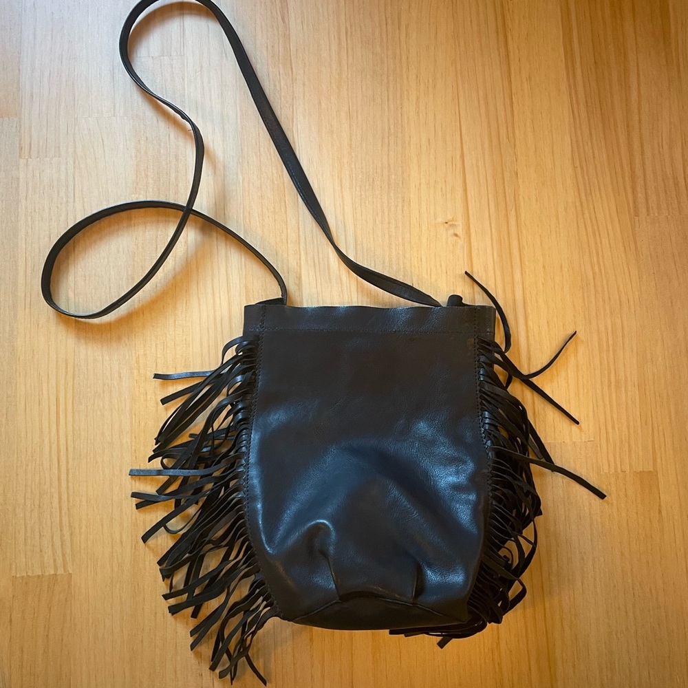 Mango Black Fringe Leather Crossbody Bag